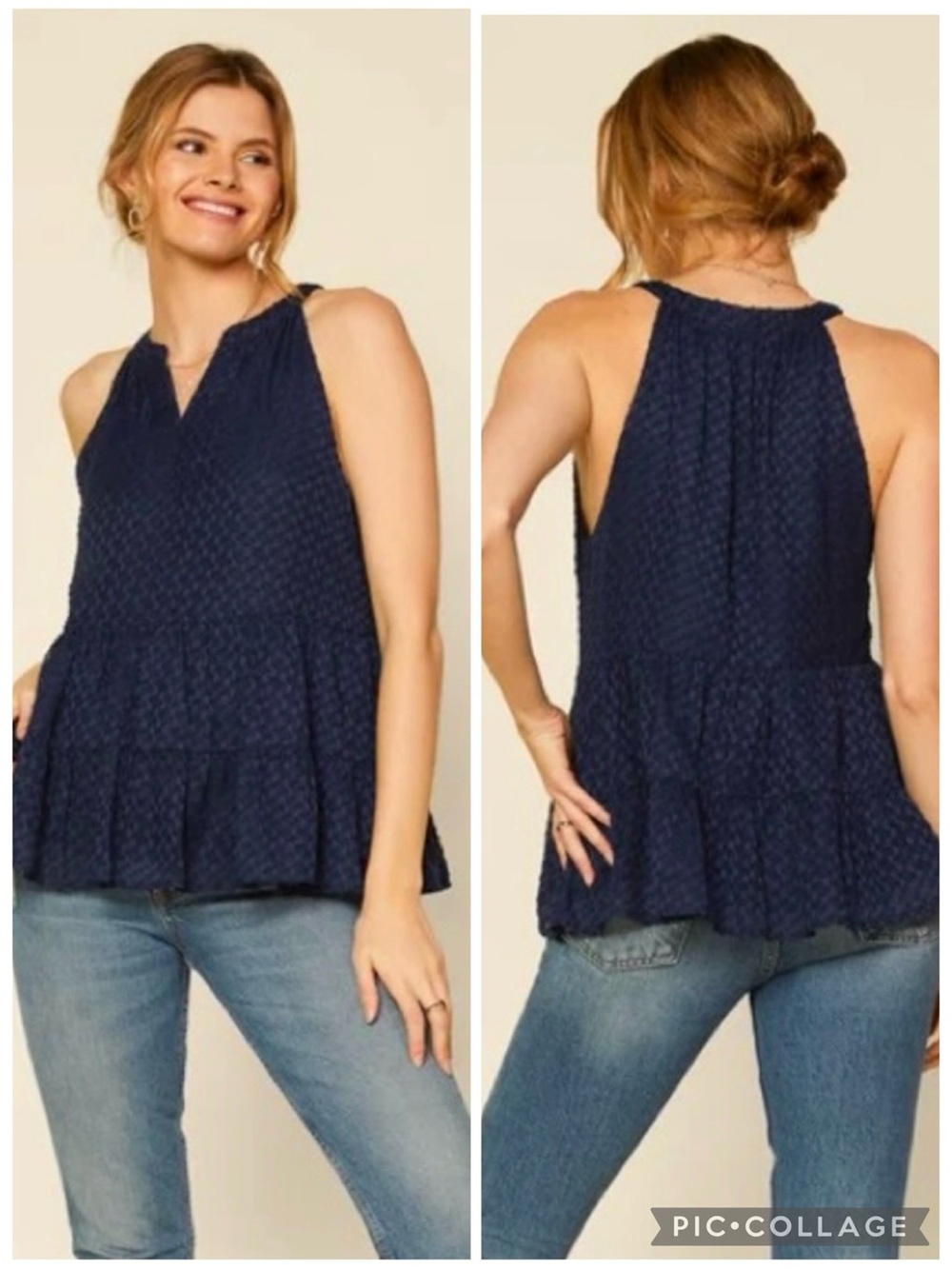 Skies are Blue Navy Clip Dot Tiered Ruffle Hem Tabk Top XS Nautical Chic